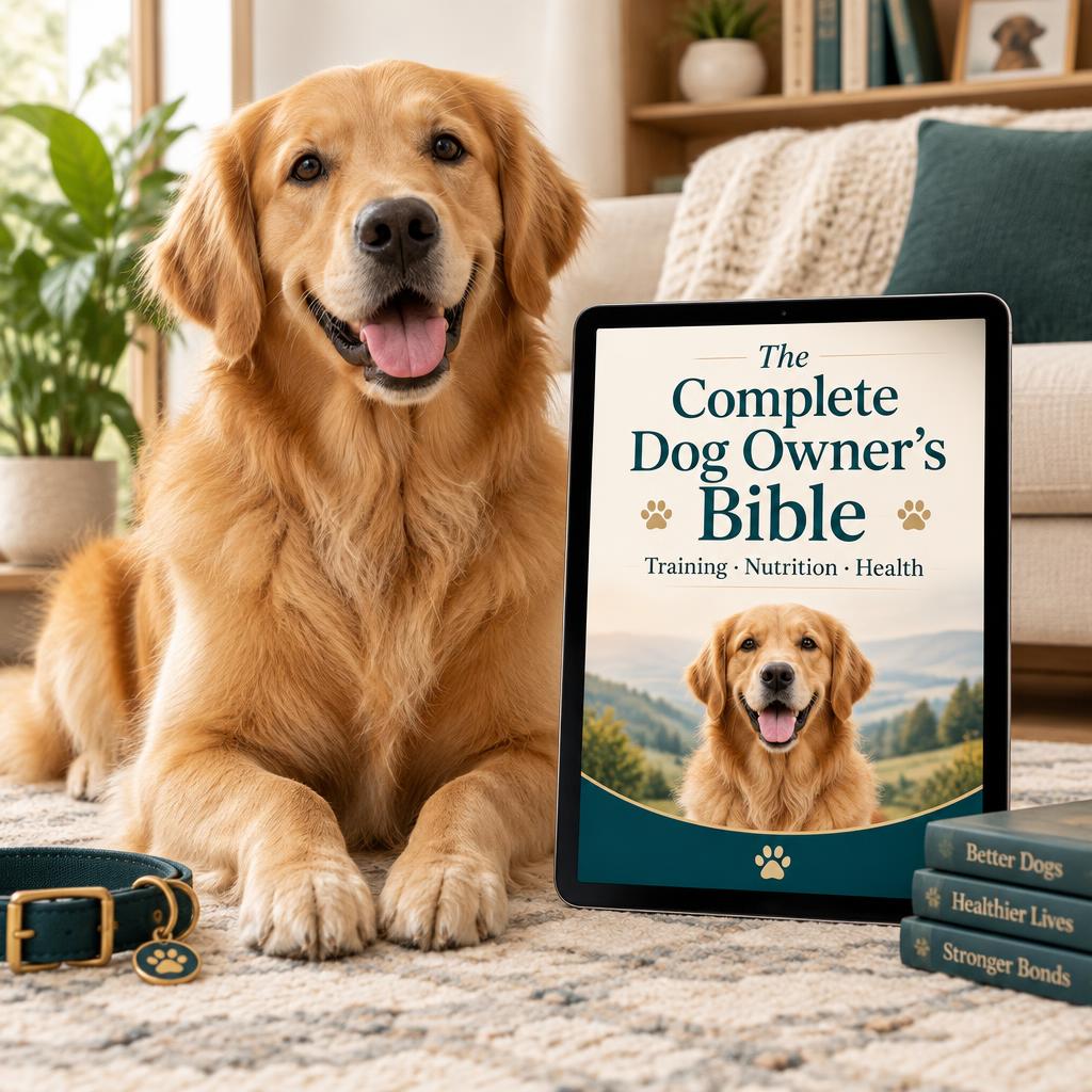 The Complete Dog Owner's Bible open on a tablet next to a golden retriever